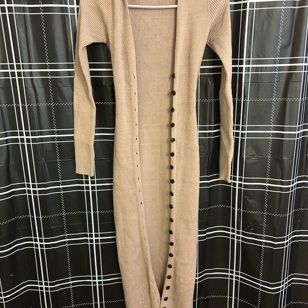 Elegant Tan Button-Down Maxi Cardigan Dress